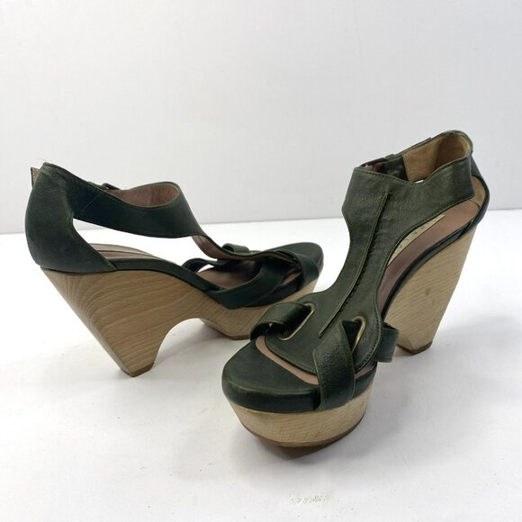 Pura Lopez Shoes Womens Size 38 US 8 Wooden Block Heel Clog Green Leather - Picture 6 of 9